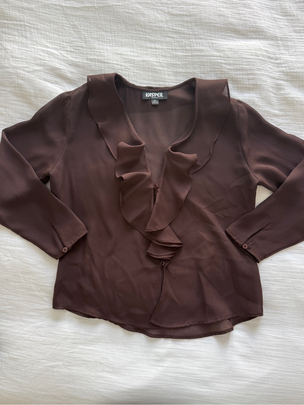 Chocolate brown v neck chiffon ruffle blouse